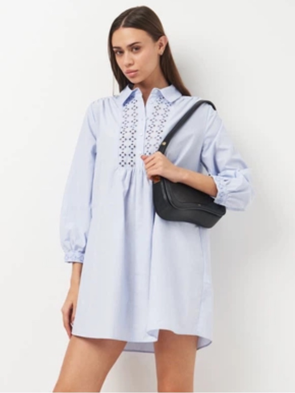 Zara Breezy Coastal Baby Blue Long Sleeve Cutout Embroidered Dress Small